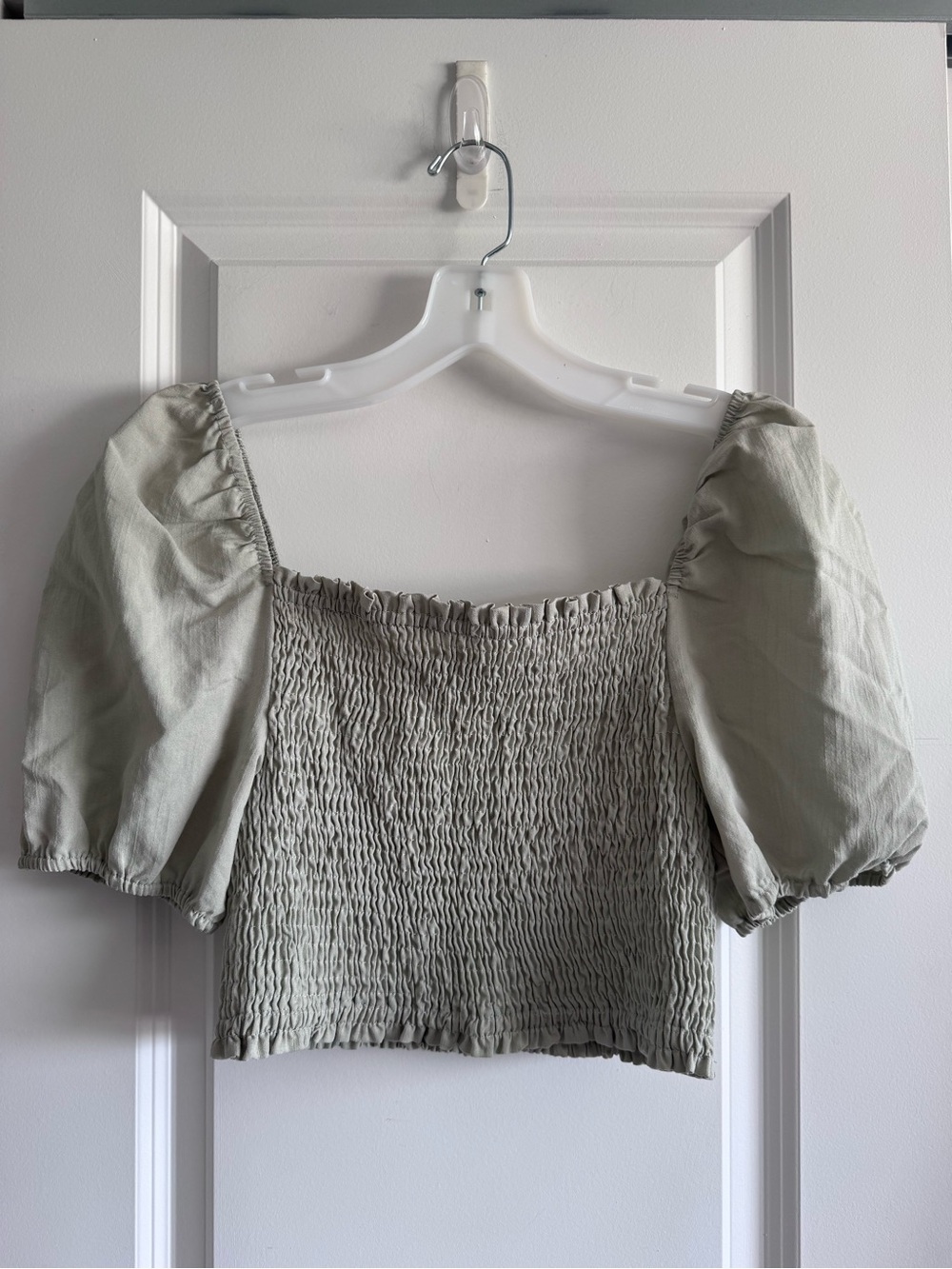 Smocked Puff Sleeve Crop Top in Sage Green